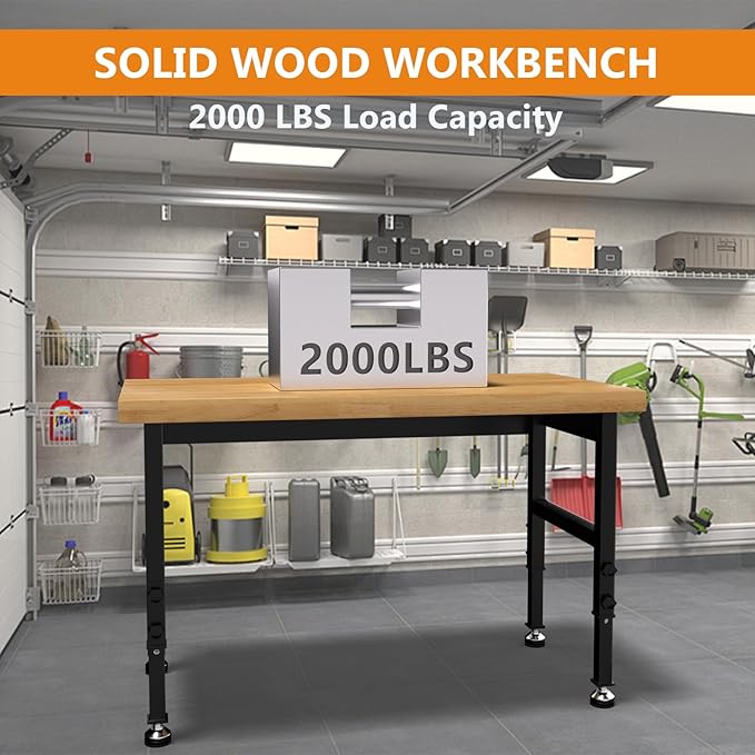 48" Heavy-Duty Solid Work Bench with Power Outlets, Adjustable Height Workbench with Rubber Pad, 2000 LBS Capacity Work Table for Garage, Workshop, Office, Home