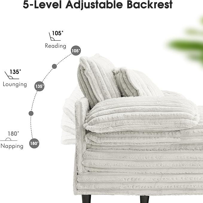 54.8" W Oversized Chaise Lounge Chair Indoor with 5-Position Adjustable Backrest, Plush Sleeper Sofa Bed with Pillows, Upholstered Cloud Couch Chair for Living Room, Study Room, Silver Grey