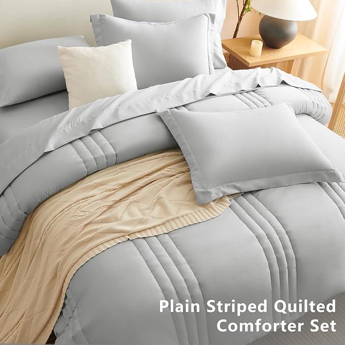CozyLux King Comforter Set - 7 Pieces Bed in a Bag Light Grey Comforter Set with Sheets Luxury Bed Set All Seasons, Soft Bedding Set with Down Alternative Comforter, Sheets, Pillowcases & Shams