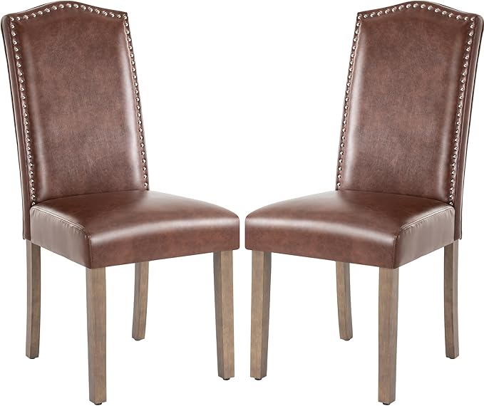 SNUGWAY Upholstered Dining Chair Stylish Parsons Kitchen High Back with Silver Nailhead Trim & Wood Legs, 2-Pack, PU Light Brown