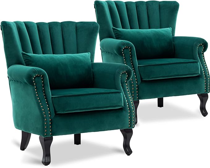 LZAREAL Accent Reading Arm Chairs Set of 2 Midcentury Modern Comfy Corner Sofa Chair, Wingback Waiting Room Club Chair with Tufted Back for Living Room/Bedroom/Reception Room, Velvet Green