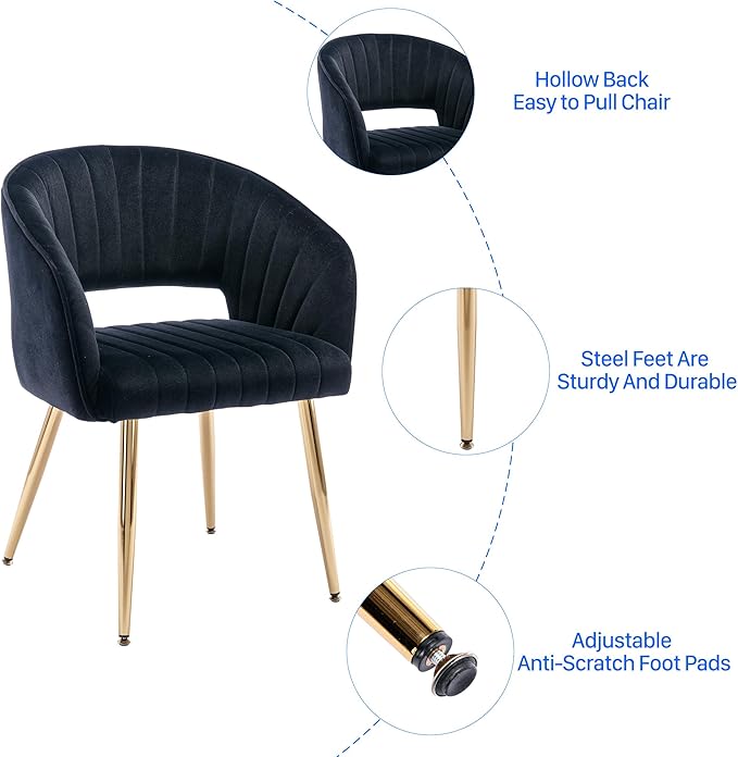 KCC Modern Accent Dining Chairs Set of 4, Upholstered Velvet Dining Room Chairs with Hollow Back, Tufted Kitchen Chairs Side Chairs with Gold Metal Legs for Living Room Restaurant, Black