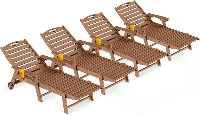 Outdoor Lounge Chair Set of 4, All Weather Patio Chaise Lounge Chairs for Outside, HDPE Chair with Rolling Wheels & Cup Holder, 5 Position, Deck, Pool, Brown