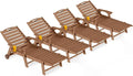 Outdoor Lounge Chair Set of 4, All Weather Patio Chaise Lounge Chairs for Outside, HDPE Chair with Rolling Wheels & Cup Holder, 5 Position, Deck, Pool, Brown