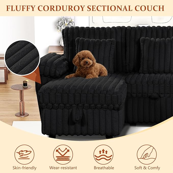 Modular Sectional Sleeper Sofa with Pull Out Bed, Storage Chaise & USB Charging, U Shaped Plush Corduroy Sectional Couches for Living Room, Comfy Convertible 7 Seat Cloud Sofa Bed, Dark Black