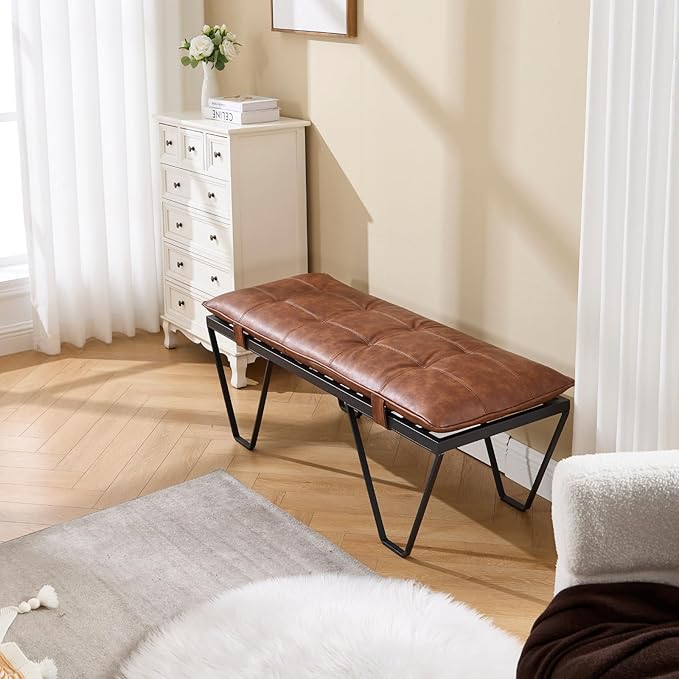 RIVOVA Modern Removable Tufted Upholstered Entryway Bench Set of 2, 48-Inch Contemporary Indoor Bench with Slatted Metal Frame, Brown Leather Bench for Bedroom End of Bed, Dining, Hallway, Living Room