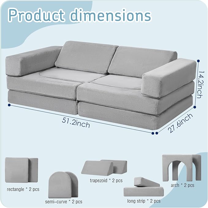 MeMoreCool Kids Modular Play Couch – 10-Piece Foam Climbing Sofa Set for Ages 2–6 | Creative Fort Building, Reading & Nap Time | Washable Plush Covers, Light Grey