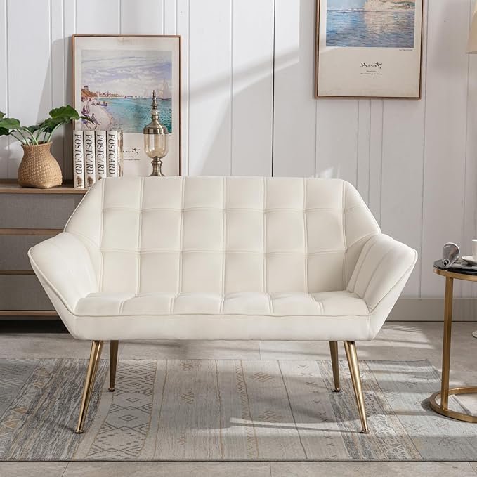 48" Small Loveseat Sofa, Mid Century Modern Velvet Love Seat with Golden Legs 2-Seat Sofa Couch Tufted Wingback Upholstered Sofa Chair for Living Room Bedroom Apartment, Cream