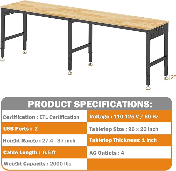 Betterhood 96" Adjustable Workbench, 5000 LBS Heavy Duty Work Table with Power Outlets & Pegboard, Rubber Wood Workstation for Garage, Workshop, Office, Home, Commercial