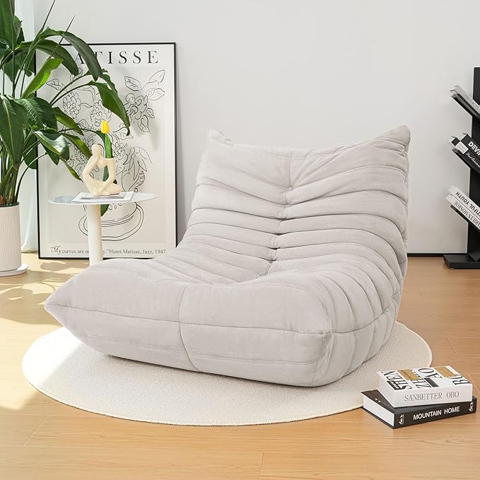 High-end Togo Bean Bag Chair, Fireside Chair with Light Gray Suede Fabric Cover, Comfy & Soft Lazy Floor Lounge Sofa for Bedroom, Living Room, Office or Salon
