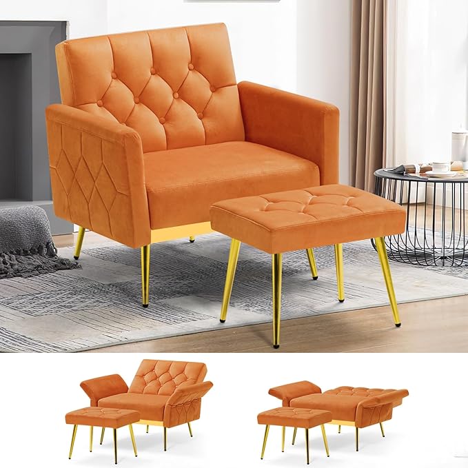 ACMEASE Velvet Accent Chair w/Adjustable Armrests and Backrests, Tufted Single Sofa with Ottoman, Upholstered Reading Chiar for Living Room, Apartment, Bedroom, Orange