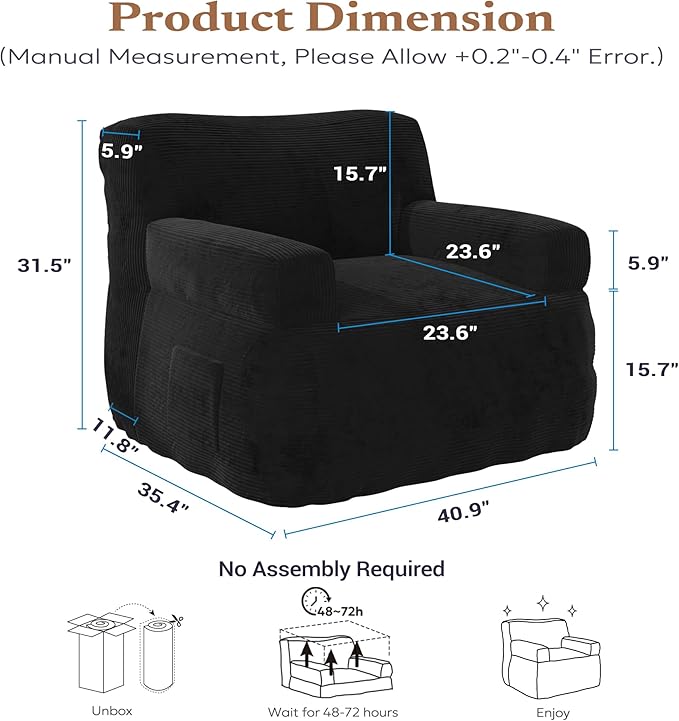Giant Bean Bag Chair for Adults, Plush Big Bean Bag Lounger Chair with Shredded Foam Filling, Oversized Comfy Floor Sofa Couch with Side Pocket for Bedroom Living Room Black