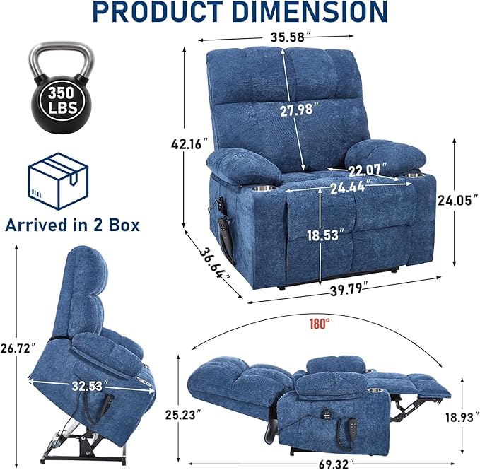 Oversized Recliner Electric Lift Chair, Power Lift Recliner for Big and Tall, 180° Lay-Flat and Assisted Standing, Extra Large Sofa with 8-Point Massage & Heating, Medium-Soft, Blue