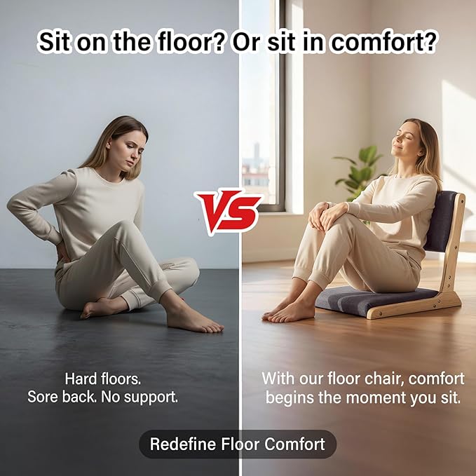 Tiita Foldable Tatami Chair, Japanese loor Chair, Wood Legless Back Rest Chairs with Cushion, Accent Meditation Floor Chairs Bay Window, Wood Dark Grey