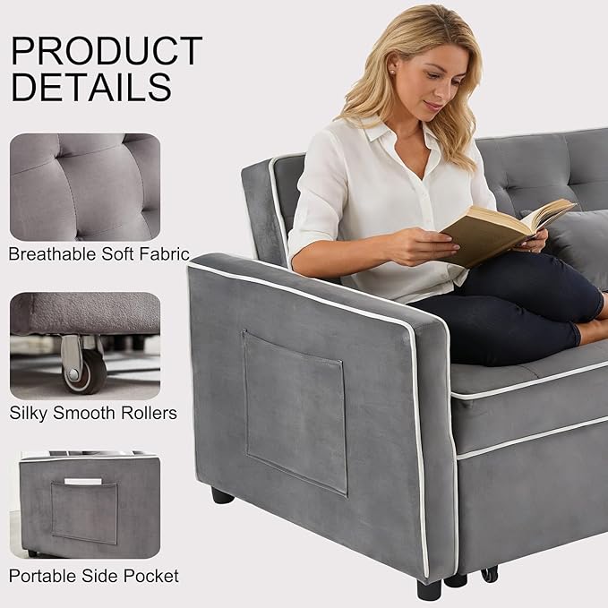 3 in 1 Convertible Loveseat Sleeper Sofa, Modern Futon Couch with Adjustable Backrest, Pull Out Sofa Bed Upholstered for Living Room Bedroom Apartment Small Space (Grey)