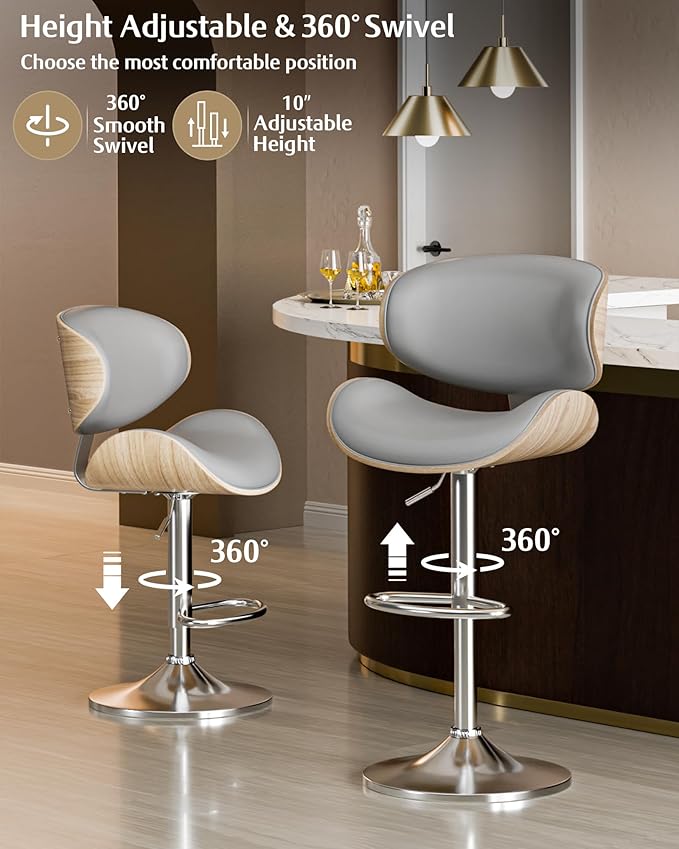 Aowos Bar Stools Set of 2, Adjustable Swivel Leather Bar Stools for Kitchen Island, Mid Century Modern Counter Height Bar Chairs Barstools with Back & Footrest (Grey)