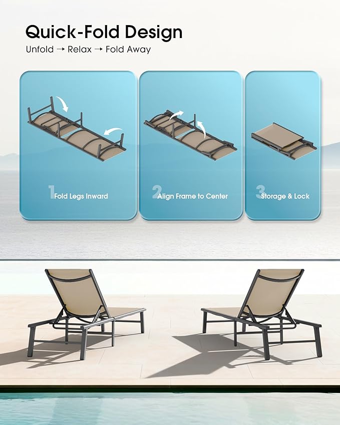 Ciokea Aluminum Outdoor Lounge Chair Set of 4- No Assembly Needed, Foldable Patio Chaise Lounge with 5 Adjustable Positions, Reinforced Frame for Extra Durability, Pool Beach Lounge Chair,Khaki