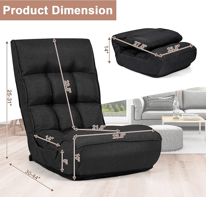 MAT EXPERT Folding Floor Chair, Floor Gaming Chair w/ 4-Position Backrest, 5-Position Adjustable Headrest, Side Pocket, Indoor Floor Chair w/Back Support for Bedroom, Living Room (Black)