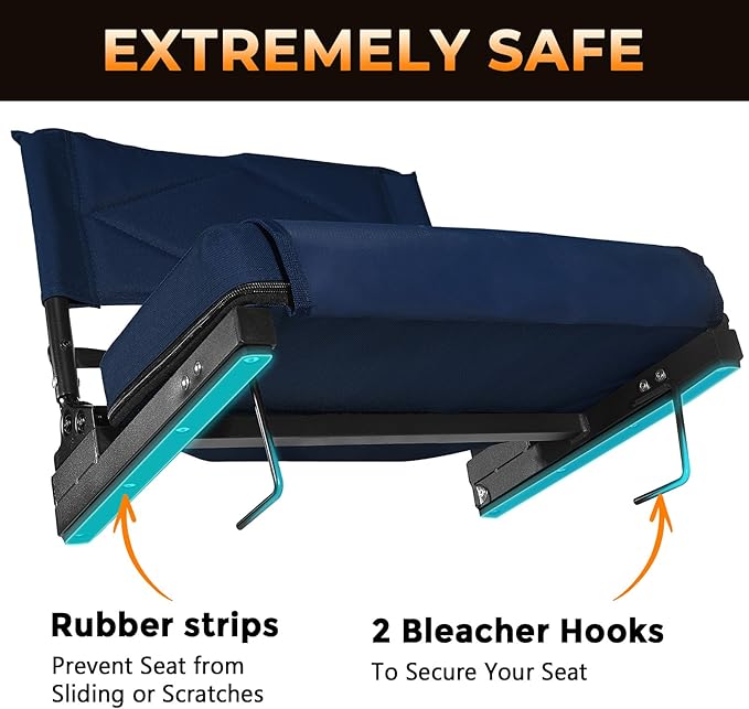 behairity Adjustable Stadium Seats with Back Support – 4-Position Reclining Bleacher Chairs with Padded Cushion, Foldable Portable Stadium Chair with Front Pocket and Shoulder Strap (Navy Blue)
