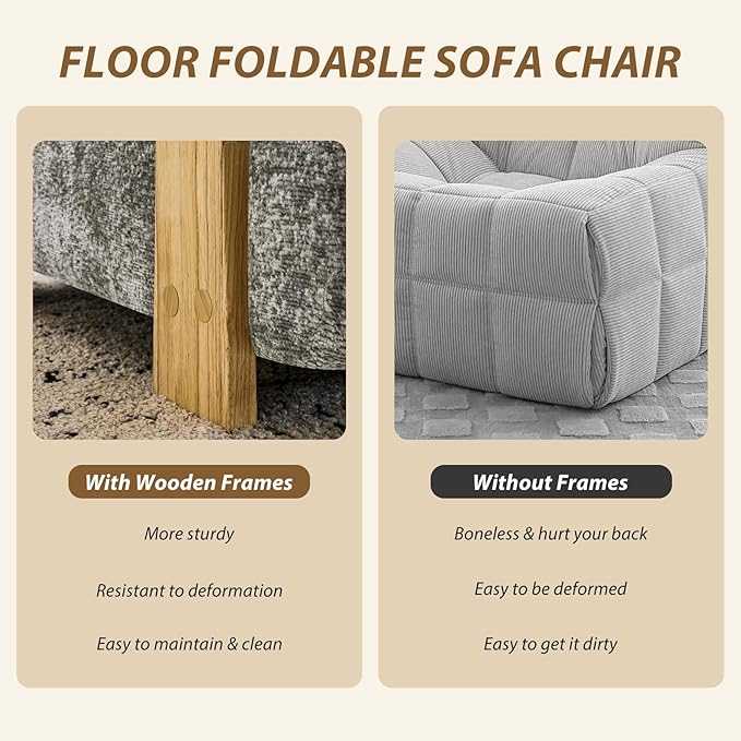 Folding Sofa Bed with Ottoman, 2-in-1 Fold Out Single Sleeper Chair with Wooden Frame, Headrest & Lumbar Pillow, Chenille Boneless Memory-Foam Filled Floor Couch Seating for Living Room Reading, Grey