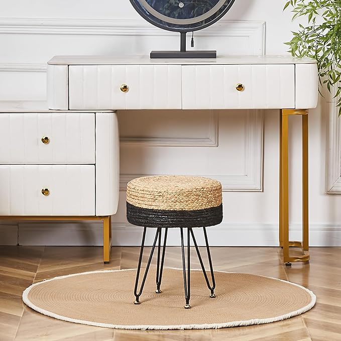 Wimarsbon Ottoman Pouf Handmade Natural Water Hyacinth,Round Footrest with 4 Metal Legs,Vanity Stool for Bedroom,Hallway,Living Room (Natural Water Hyacinth+Black Corn Husk)