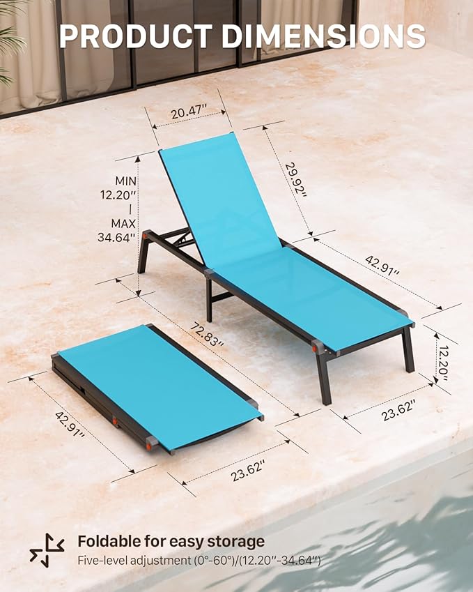 WOAJNQO Aluminum Patio Chaise Lounge Chair Set of 2 with Side Table,5-Position Adjustable Backrest,Foldable Lounge Chair Outdoor,Pool Lounge Chairs for Poolside,Lawn,Deck,Beach (Blue, 2 Pack+Table)