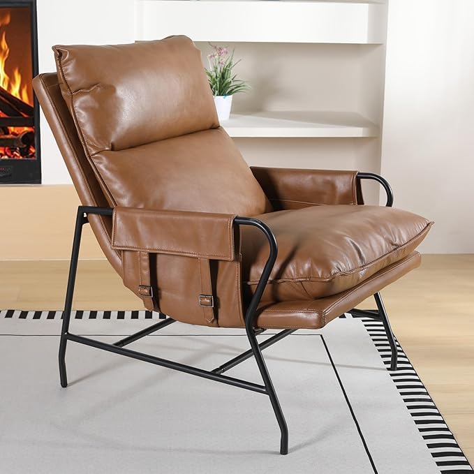 1 Pc Faux Leather Accent Chair for Living Room, 24" High Backrest Upholstered Armchair, Ergonomic Design, Soft Thickened Cushion Comfy Leisure Chair, Mid Century Modern Single Sofa, Light Brown
