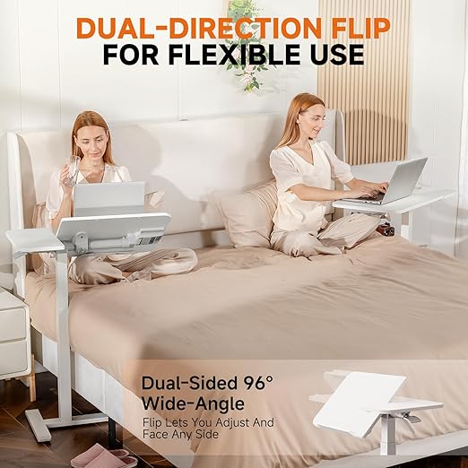 GTRACING Overbed Bedside Table with Wheels,Tiltable Hospital Bed Table Over The Bed, Pneumatic Adjustable Rolling Laptop Desk, Mobile Standing Desk for Hospital and Home Use (White)