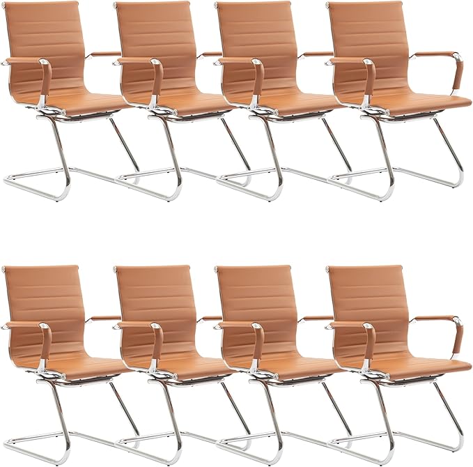 DM Furniture Office Desk Chair Set of 8,No Wheels PU Leather Computer Chairs Mid Back Guest Chairs with Seld Base for School/Reception/Conference/Waiting Room,Terracotta