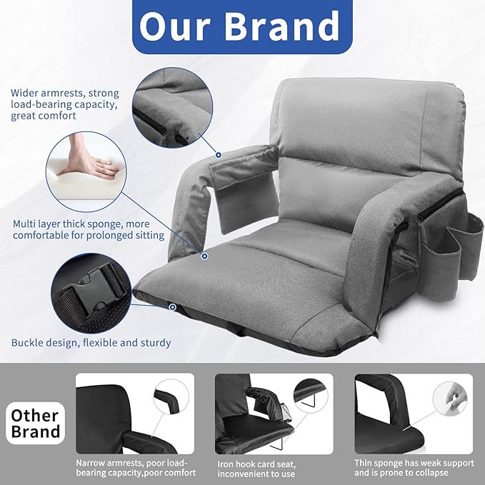Stadium Seats with Back Support,Wide Stadium Chairs with Back and Cushion, Sofa Style Stadium Seats, 6 Reclining Positions, Extra Thick Bleacher Seat for Sports Events (Grey-2 Pack, Wide|22.5")