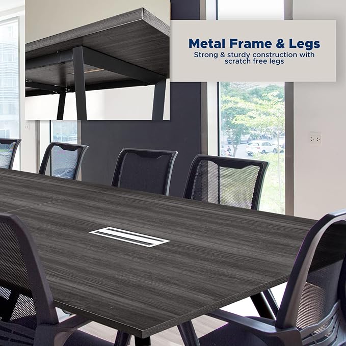 ahliss Sturdy Conference Table with Cable Management Grommets Modern Rectangle Office Meeting Table with Wood Tabletop and Metal Frame & Legs- Easy Assembly Boardroom Table (Grey, 8 Foot)