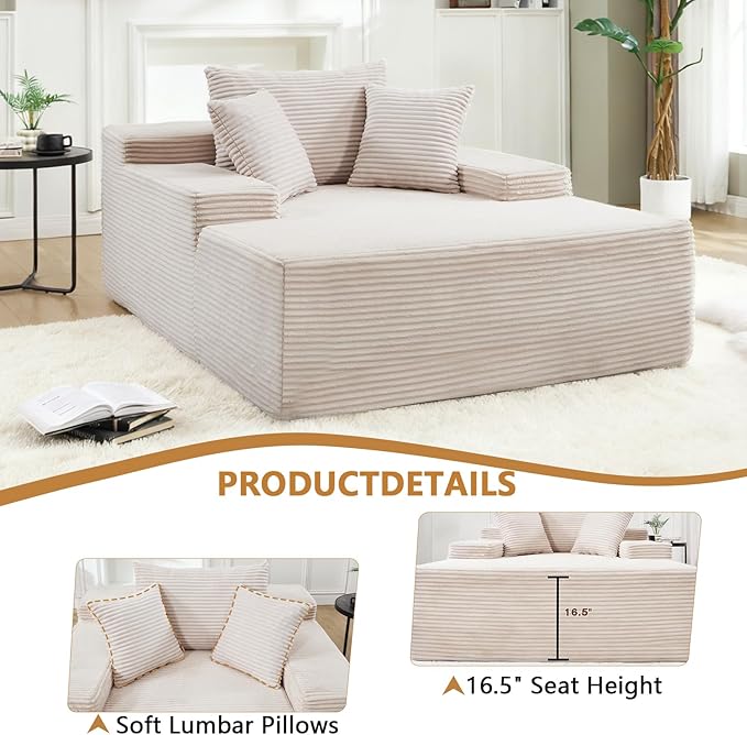 67.3'' Oversized Chaise Lounge Chair Indoor,Corduroy Boneless Couch with 3 Pillows Wide Armrest,Comfy Cloud Couch Sleeper Sofa Reading Chairs for Living Room Bedroom,No Assembly Required (Beige)