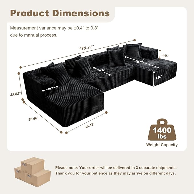 130'' U Shaped Couched for Living Room, Cloud Modular Sectional Couch with 2 Chaise Lounge, Modern Minimalist Upholstered Sofa Sleeper Deep Seat Corner Couch, No Assembly Required Black