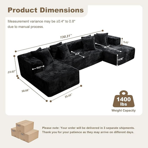 130'' U Shaped Couched for Living Room, Cloud Modular Sectional Couch with 2 Chaise Lounge, Modern Minimalist Upholstered Sofa Sleeper Deep Seat Corner Couch, No Assembly Required Black