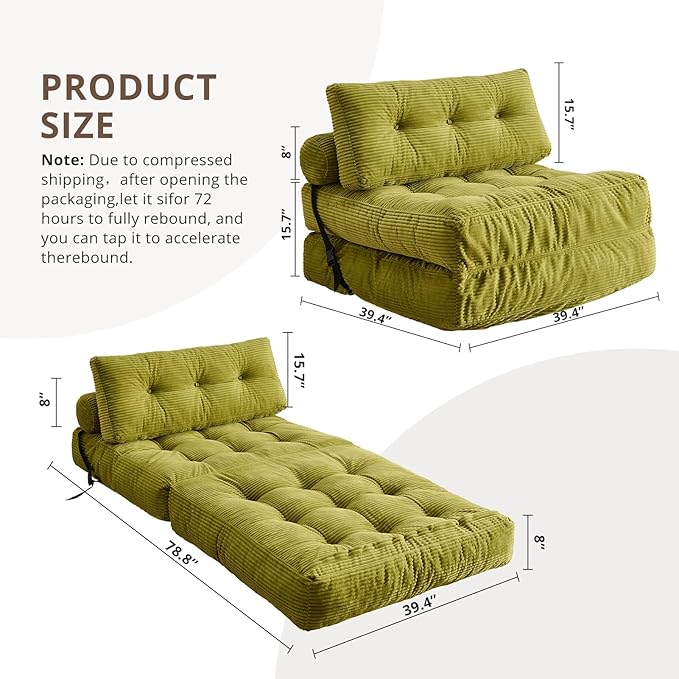 Convertible Sofa Bed & Couch Bed - Oversized Adult Sleeper Chair & Bean Bag Chair, Foldable Floor Bed with Backrest, Comfortable Lazy Sofa for Bedroom, Living Room & Dorm