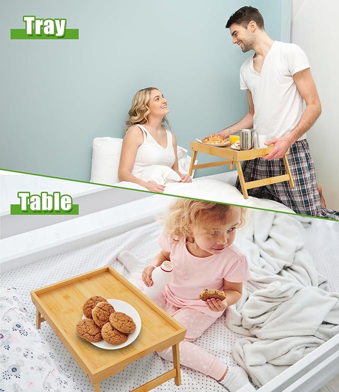 Youpehom Bed Tray Table with Folding Legs, Bamboo Breakfast in Bed for Kitchen Serving Tray, Sofa, Eating, Used As Laptop Desk Snack Tray (4 Pack, Bamboo Color)