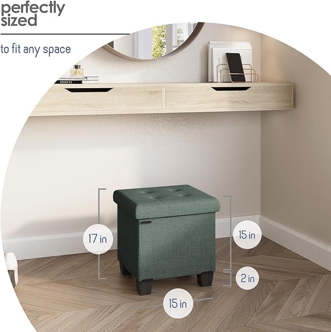 Storage Ottoman Cube with Small Bin, 16-in Square Ottoman with Storage for Living Room and Bedroom, Small Ottomans Foot Rest, Fabric Foot Stools Ottomans Max 330lbs, Green