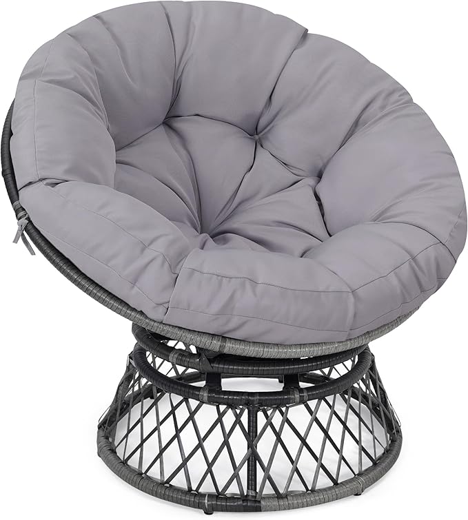 Kromax 40" Ergonomic Wicker Papasan Chair, 360° Swivel Round Egg Chair with Soft Thick Cushion, Indoor Outdoor Use for Living Room, Bedroom, Reading Room, Grey Frame with Light Grey Cushion