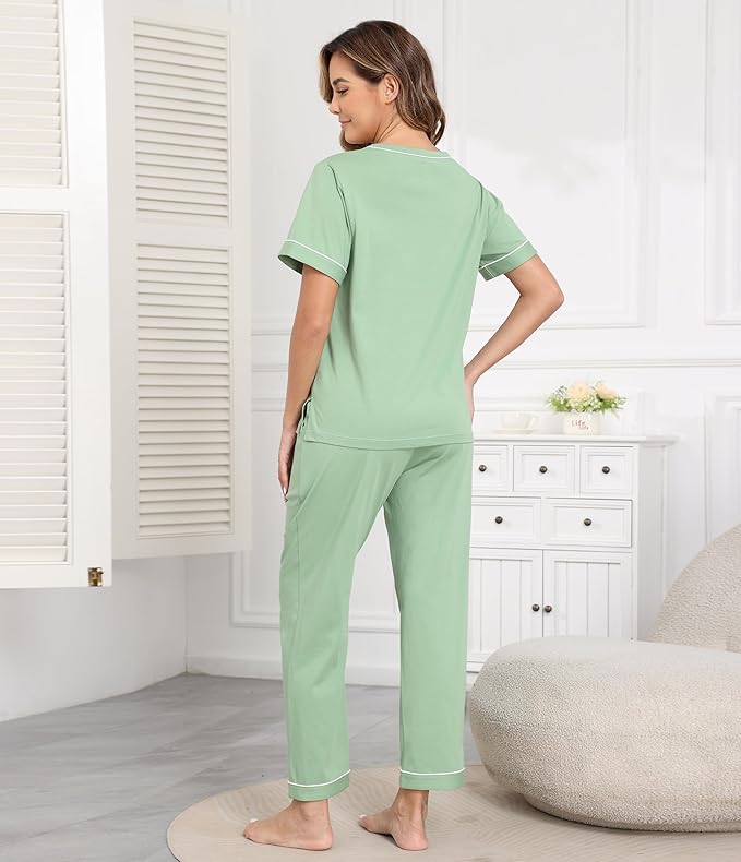 CF Women's 100% Cotton Pajama Sets Soft Short Sleeve Tops & Pants Comfy Sleepwear 2 Piece Lounge set with Pockets Loungewear