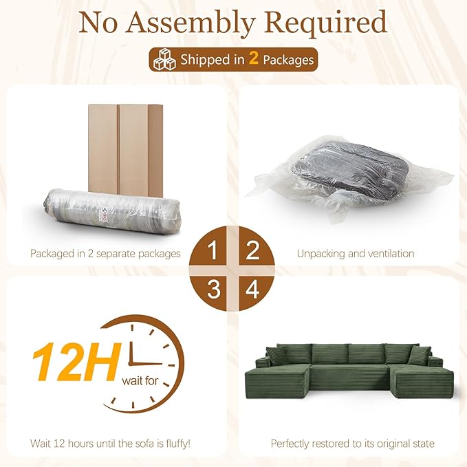 134 Inch Modular Sectional Sleeper Sofa, Boneless Cloud Couch for Living Room, U Shaped 5 Seat Sofa with 2 Storage Pockets& 2 Cup Holders, Free Combination, No Assembly Required (Green)