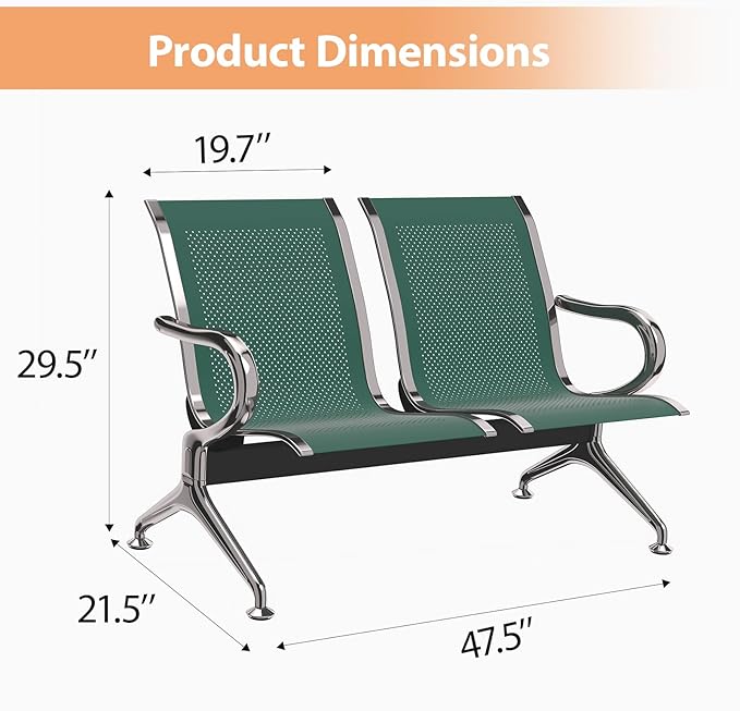 Kinfant 2-Seat Waiting Room Chair - Office Guest Reception Chairs with Ergonomic Backrests, Airport Waiting Bench with Armrests, Metal Waiting Furniture for Hospital, Bank (Dark Green, Set of 4)