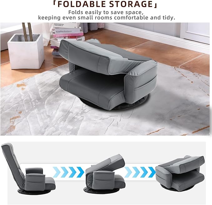 FLOGUOR 360° Swivel Gaming Floor Chair with Armrests – 14-Position Adjustable Folding Floor Sofa Lounger, Padded Backrest, Multi-Angle Recline for Home, Living Room & Office (Grey)