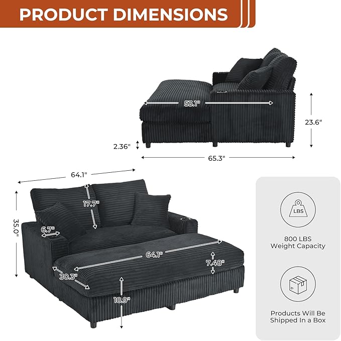 65" Oversized Chaise Lounge Chair Indoor, Upholstered Sofa Bed with Pillows & 2 Cup Holders, Sleeper Couch Comfy Corduroy Recliner Chair for Living Room, Movie Room, Bedroom, Black