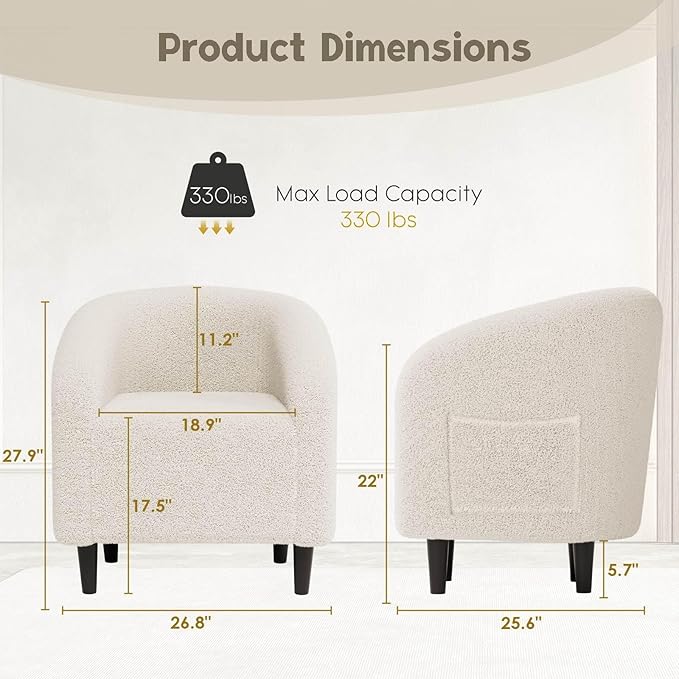 Modern Accent Barrel Chair, Comfy Teddy Fabric Club Armchair with Side Pocket, Easy Assembly Living Room Corner Chair for Bedroom, Office, Reception Space