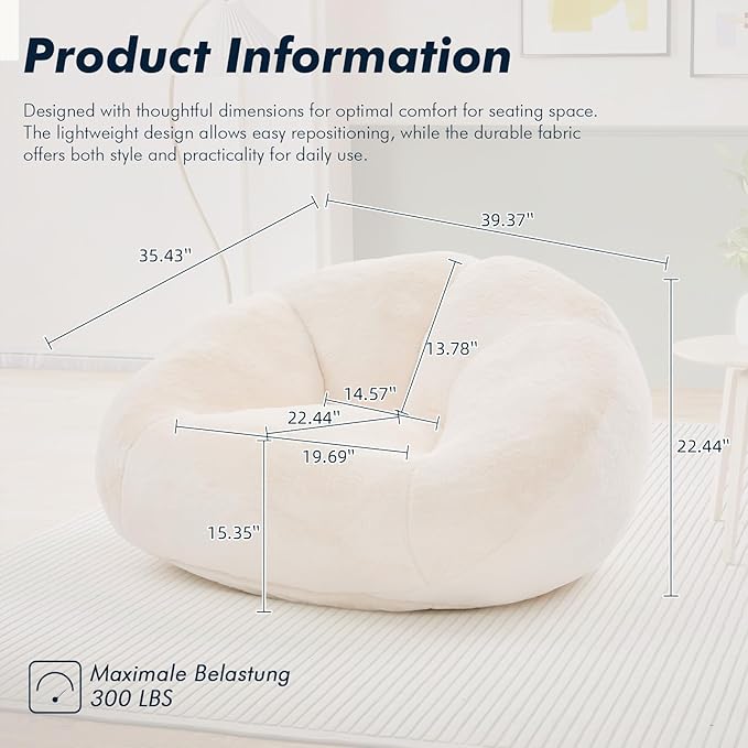 3.28 Feet Bean Bag Chair for Adults, Shell-Shaped Bean Bag Lazy Couch, Faux Fur Cloud Sofa Chair, Lounge Floor Sofa with Filler for Reading, Gaming & Watching, No Assembly Required (Beige)