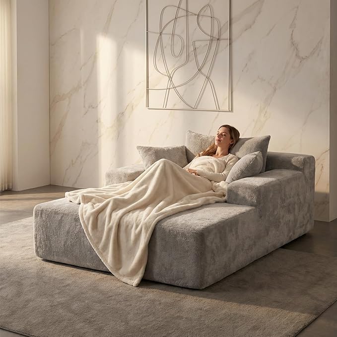 Sytopia Chaise Lounge with Armrests, Oversized Sofa Bed with 3 Pillows, Cozy Boneless Couch, Sleeper Reading Chair for Living Room Bedroom, Floor Sofa Chenille, Furniture Sala, Urban Grey