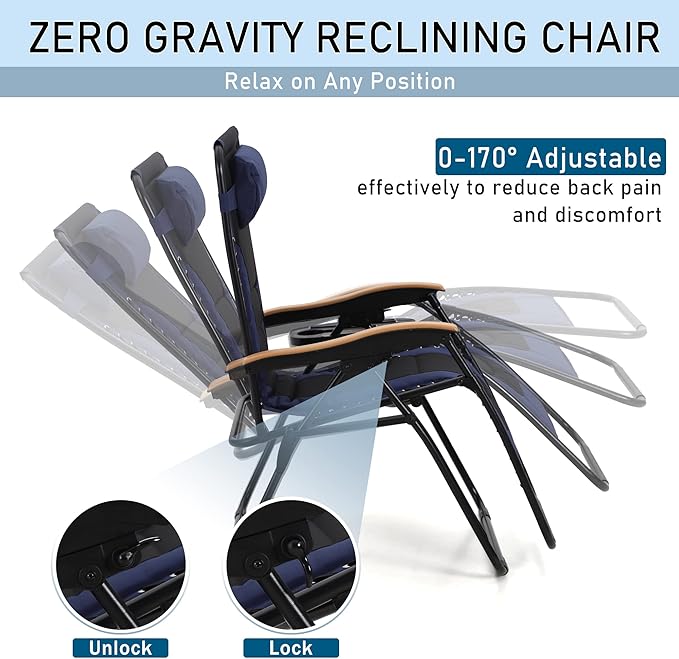 PHI VILLA XXL Oversized Padded Zero Gravity Chair, Foldable Patio Recliner, 30" Wide Seat Anti Gravity Lounger with Cup Holder, Support 400 LBS (Navy Blue)