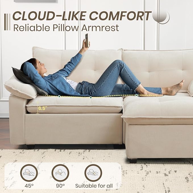 PALLOME 82" Deep Seat Comfy Cloud Couch, Modular Sectional Sofa with Movable Ottoman, L Shaped Chenille Sofa for Small Space, Modern Apartment Living Room & Office (Beige, 2-Seat + Ottoman)