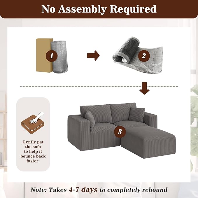 79" Modular Sectional Sofa with Ottoman, L-Shaped Cloud Couch, Memory Foam Boneless Loveseat with Chaise, No Assembly Required Corduroy Frameless Sofa for Small Living Room & Funituree Decor, Grey