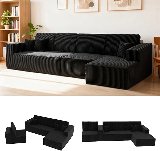 Komusou 142" Boneless Couch, Cloud Modular Sectional Sofa with L-Shape Chaise and Deep Seat, Modern Upholstered Couches for Living Room Bedroom No Assembly Required (Black, Right Facing Chaise)